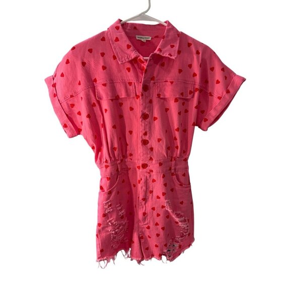 Mainstrip Romeo Heart Denim Distressed Romper Pink with Red Hearts Size S EUC - Picture 1 of 10